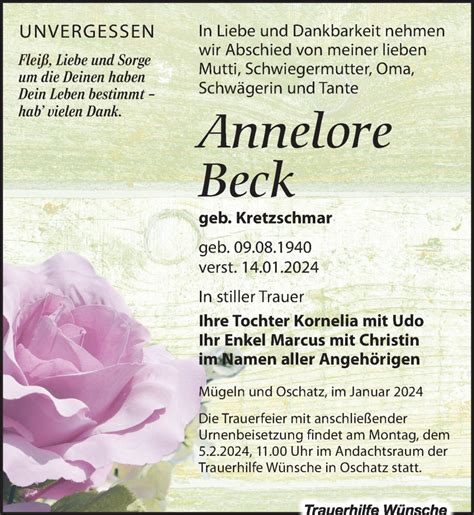 Traueranzeigen Von Annelore Beck Trauer Anzeigen De