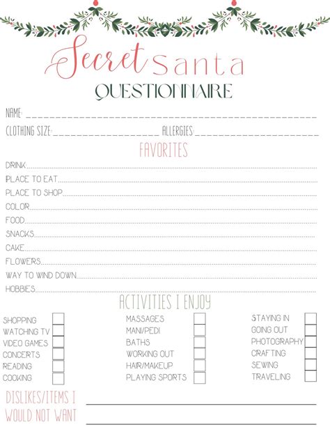 Secret Santa Questionnaire Christmas T Ideas Editable Instant