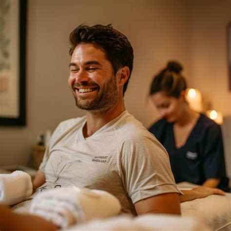 A Midthirties Man Enjoying A Back Massage While Making Funny Faces At