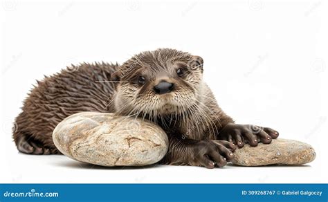 Cute Otter Playing with Rock Isolated on White Stock Image - Image of rock, lying: 309268767