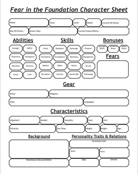 Scp Tabletop Rpg Character Sheet Fear In The Foundation Rscp