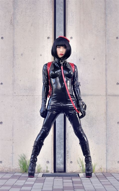 Kitaimono Wo Kiruyo — Black Rubber Latex Catsuit Black Long Boots And