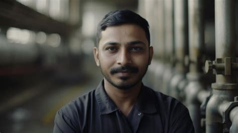 Premium Photo A Smiling Indian Male Factory Worker Standing In Oil