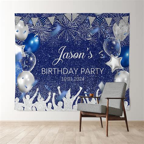 Personalized Spark Balloon Blue Birthday Backdrop - Lofaris