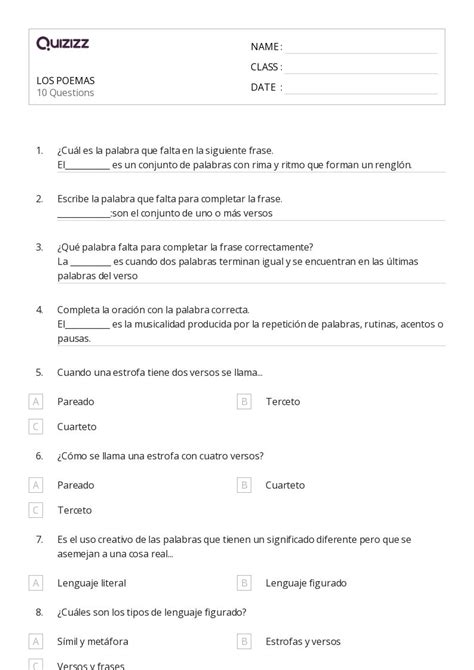 Poemas Hojas De Trabajo Para Grado En Quizizz Gratis E Imprimible