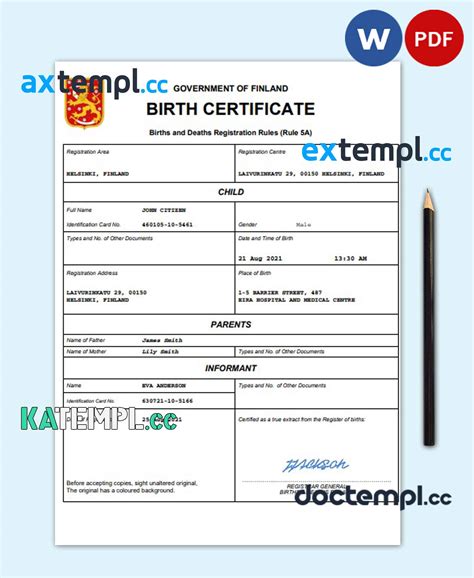 Sample Finland Vital Record Birth Certificate Word And Pdf Template