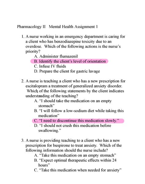 Pharmacology Ii Mental Health Assignment 1 Which Of The Following Actions Is The Nurse’s