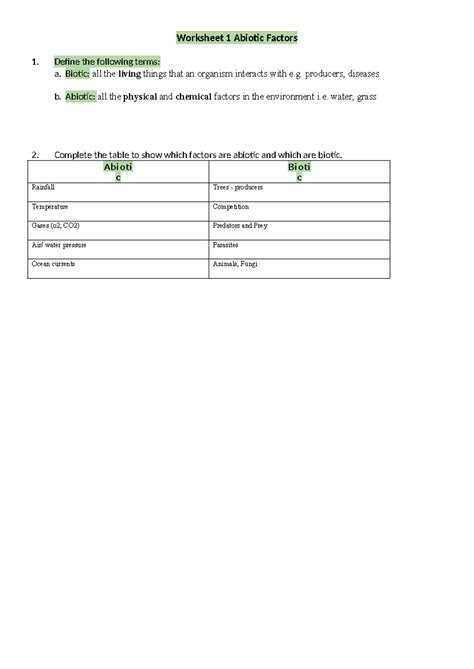 biology worksheet abiotics worksheet  abiotic factors  define