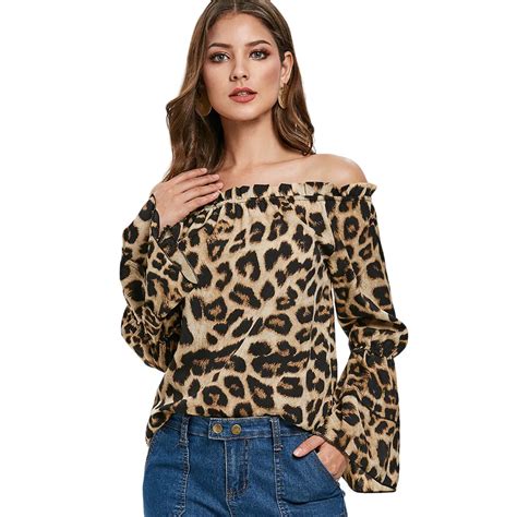 Kenancy Off Shoulder Leopard Print Women Blouse Long Sleeve Flare