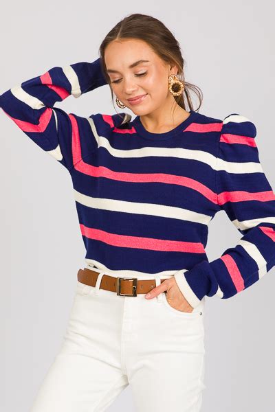 Puff Sleeve Stripes Sweater Navy Sale The Blue Door Boutique