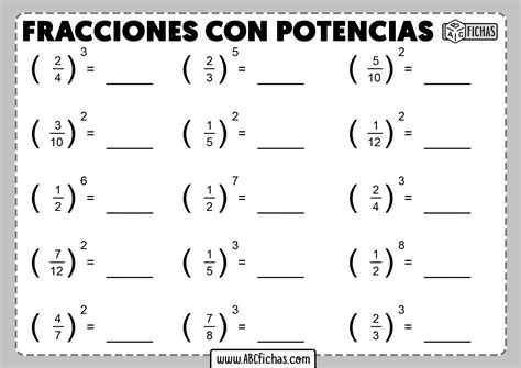 Ejercicios de fracciones con potencias y parentesis - ABC Fichas