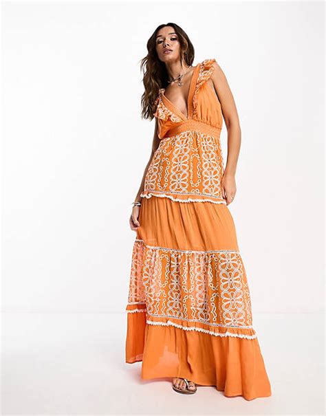 River Island Tiered Embroidered Beach Dress Orange Asos