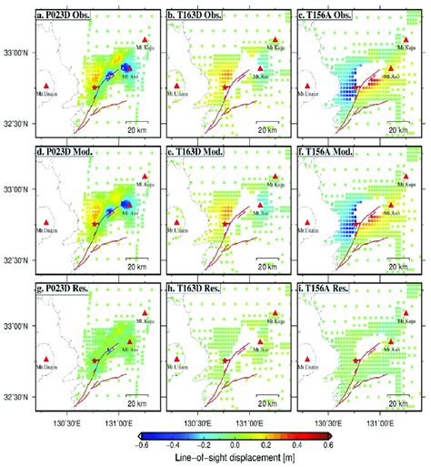 Observed And Model Predicted Insar Data And The Residuals A C