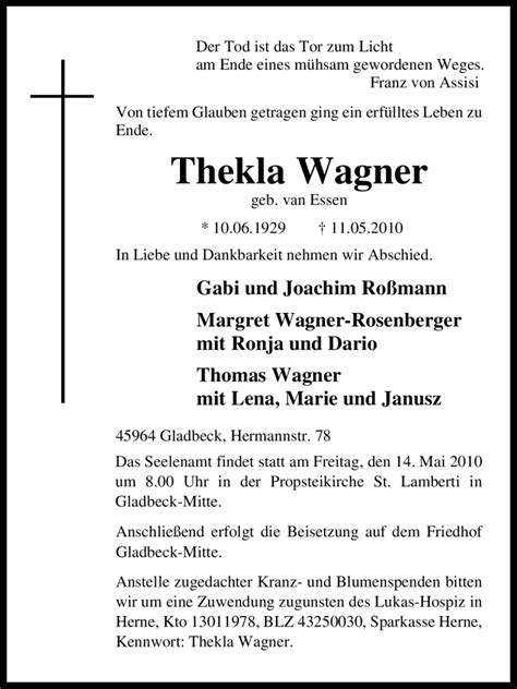 Traueranzeigen Von Thekla Wagner Trauer In NRW De