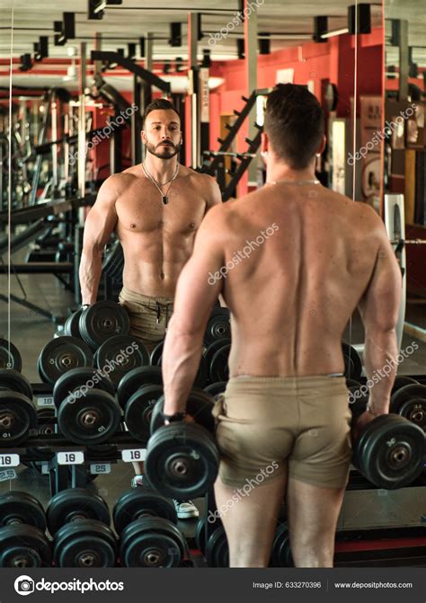 Muscular Shirtless Male Bodybuilder Working Out Gym Showing Muscular