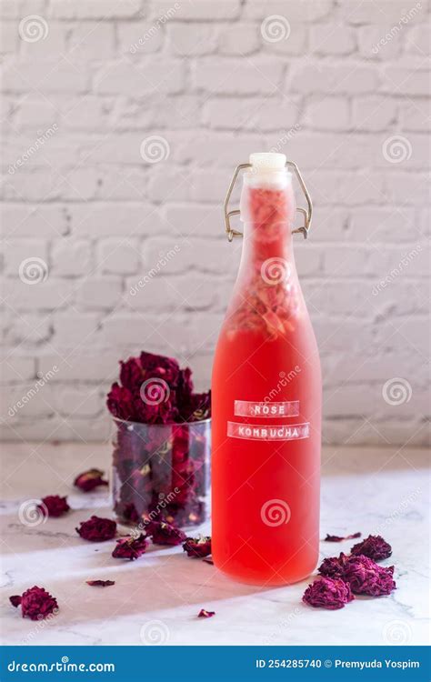 Rose Kombucha in Glass Bottle, Healthy Beverage Stock Photo - Image of ...