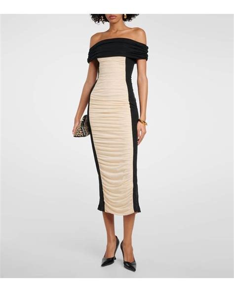 Rotate Birger Christensen Ruched Colorblocked Midi Dress In Natural Lyst