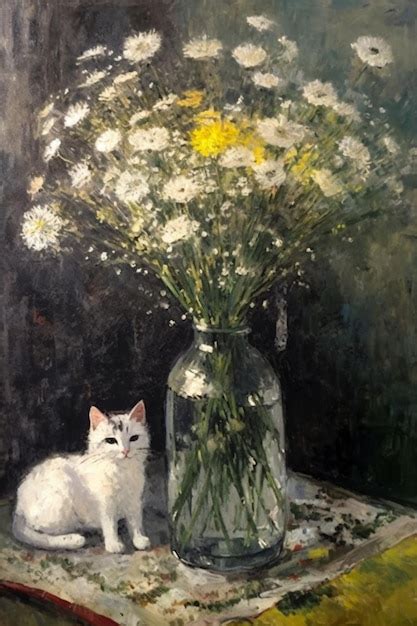 Una pintura de un gato y un jarrón de flores Foto Premium