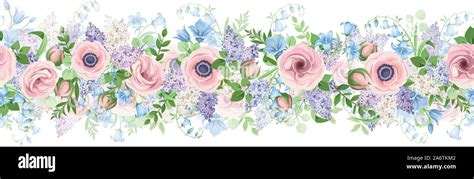 Vector Horizontal Seamless Garland With Pink Blue And Purple Flowers