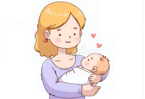 Sweet Blonde Chibi Mom Gently Holding Newborn Baby A Pastel Korean Cartoon Illustration Stock
