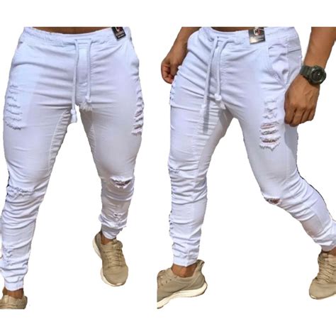 Cal A Jogger Branca Rasgadinha Masculina Jeans Sarja Rasgada Destroyed