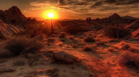 La Puesta De Sol Dorada Brilla Sobre El Paisaje Des Rtico Con Rocas