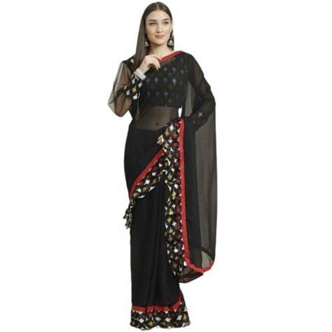 CHHABRA 555 Women Black Printed Georgette Bollywood Saree With Blouse