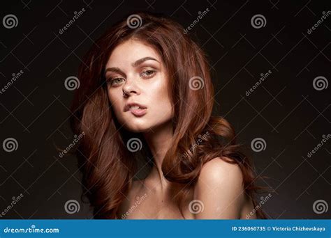 Pretty Woman Makeup Posing Naked Shoulders Hairstyle Cropped View Stock