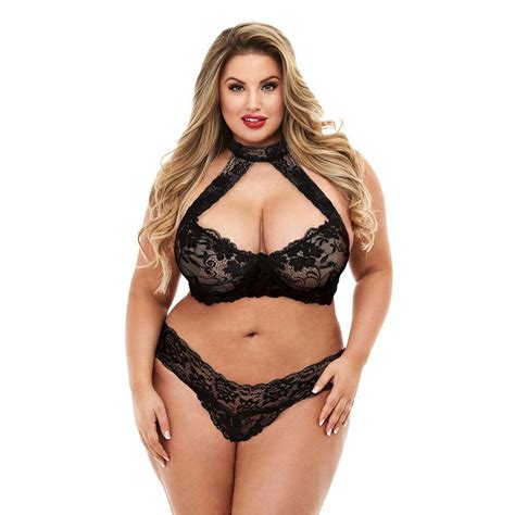 Deep V Halter Jacquard Lace Mesh Sexy Transparent Plus Size Lingerie Push Up Underwear And Hot