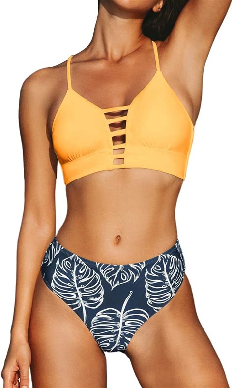 Cupshe Women S Yellow And Leaves Print Lace Bikini Set Amazon Ca