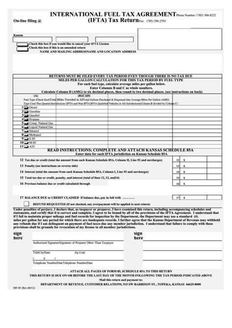 Fillable Form Mf 85 International Fuel Tax Agreement Ifta Tax