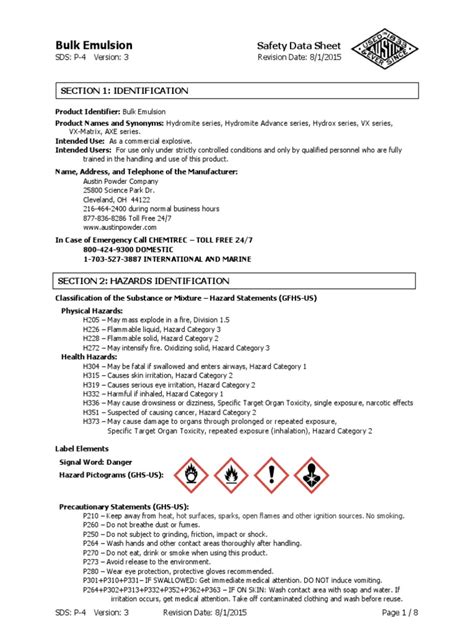 Sds P 4 Bulk Emulsion Pdf Personal Protective Equipment Toxicity