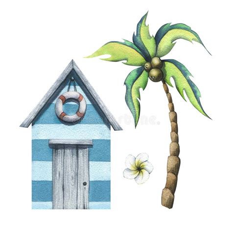 Wooden Beach House With Coconut Palm And Plumeria Flower Watercolor