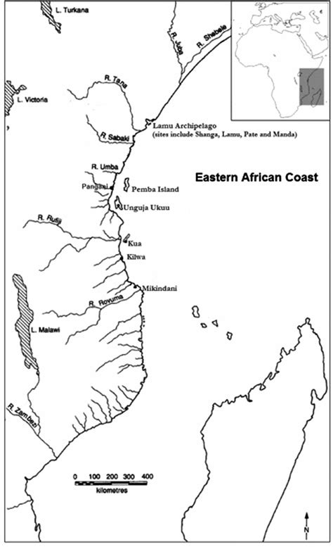 Map Of The East African Coast Showing Mikindani And Other Sites