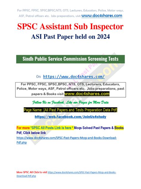 Spsc Assistant Sub Inspector Asi Past Paper Held On 2024 Pdf Inspector Law Enforcement