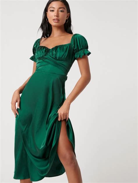 Shein Puff Sleeve Ruched Bust Tie Back Satin Dress Green Satin Dress