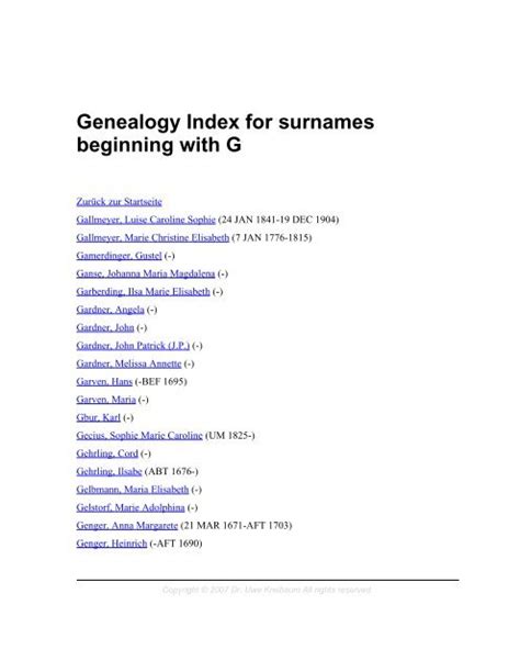 Genealogy Index for surnames beginning with G - auf kreibaum.de