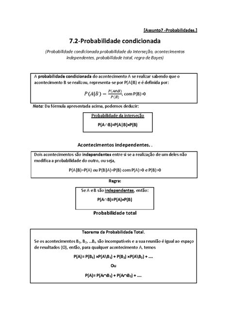 Lei Da Probabilidade Total - Probabilidade Condicionada e Teorema da Probabilidade Total - 7.2 - Studocu