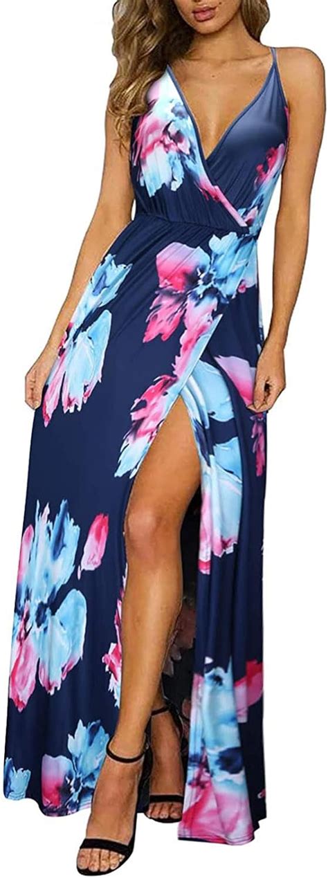 Sommerkleid Kleid Damen Wickel Lang Kleider Sommer Blumendruck High