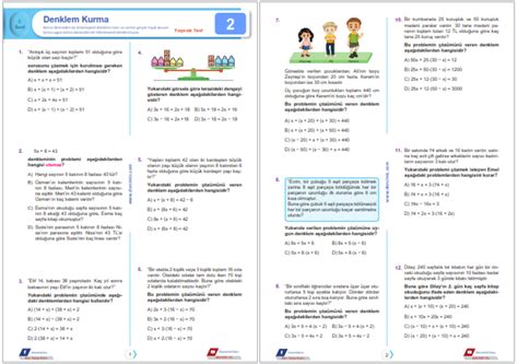 7 Sınıf Denklem Kurma Yaprak Test 2