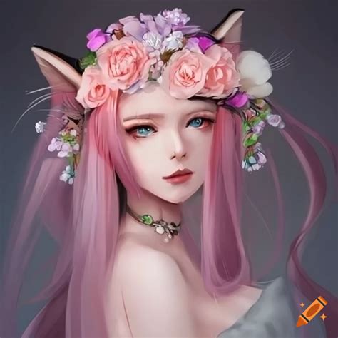 Anime Style Illustration Of A Stunning Cat Woman With Pastel Pink Hair