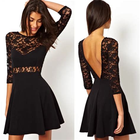 Plus Size Women Dress Casual Sexy Black Lace Dress Cute Long Sleeve