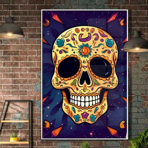 Quadro Decorativo Caveira Mexicana Amarela Arte Mexicana