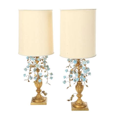 Pair Of Continental Giltwood And Porcelain Hydrangea Buffet Lamps