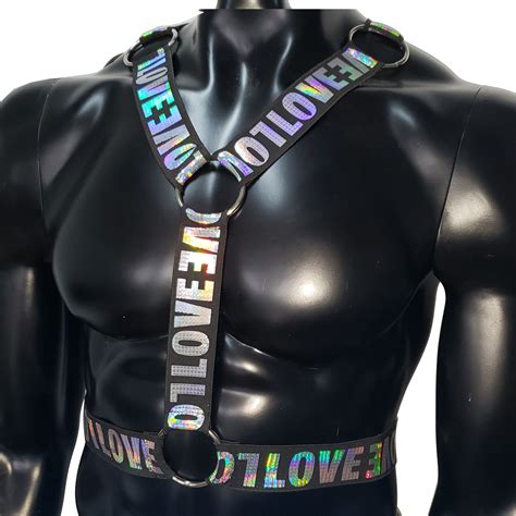 US 45 00 Holographic Love Elastic Men Harness Gay Outfit LGBT Pride