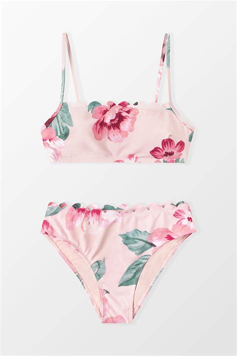 Inscribed Peony Scalloped Bralette And Hipster Bikini Set