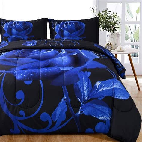 Amazon Wongs Bedding Blue Comforter Set Queen Reversible Blue Rose