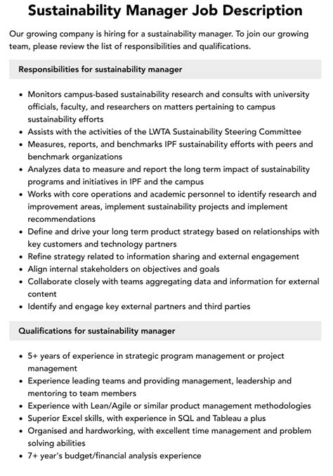 Sustainability Manager Job Description Velvet Jobs