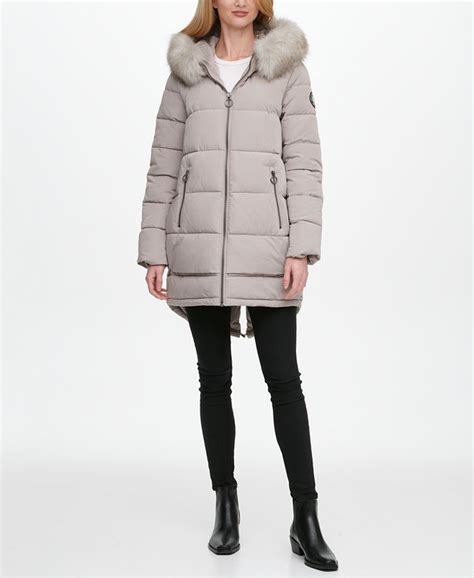 Dkny Petite Faux Fur Trim Hooded Puffer Coat Macys