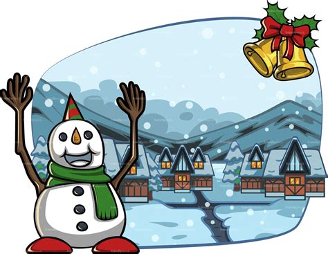 Snowman Near Village Covered In Snow Cartoon Scene Friendlystock